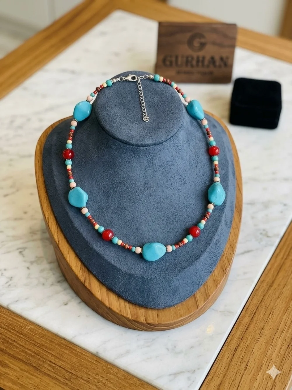 Handmade              Turquoise & Red Beaded Necklace - Women Jewelry